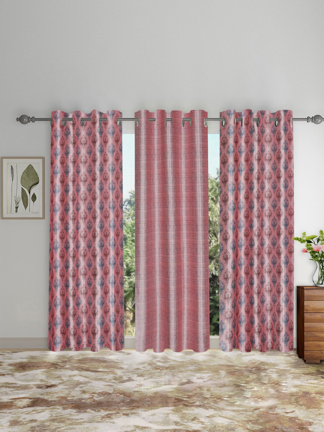SOKNACK Pink & Blue 3 Pieces Ethnic Motifs Black Out Door Curtains