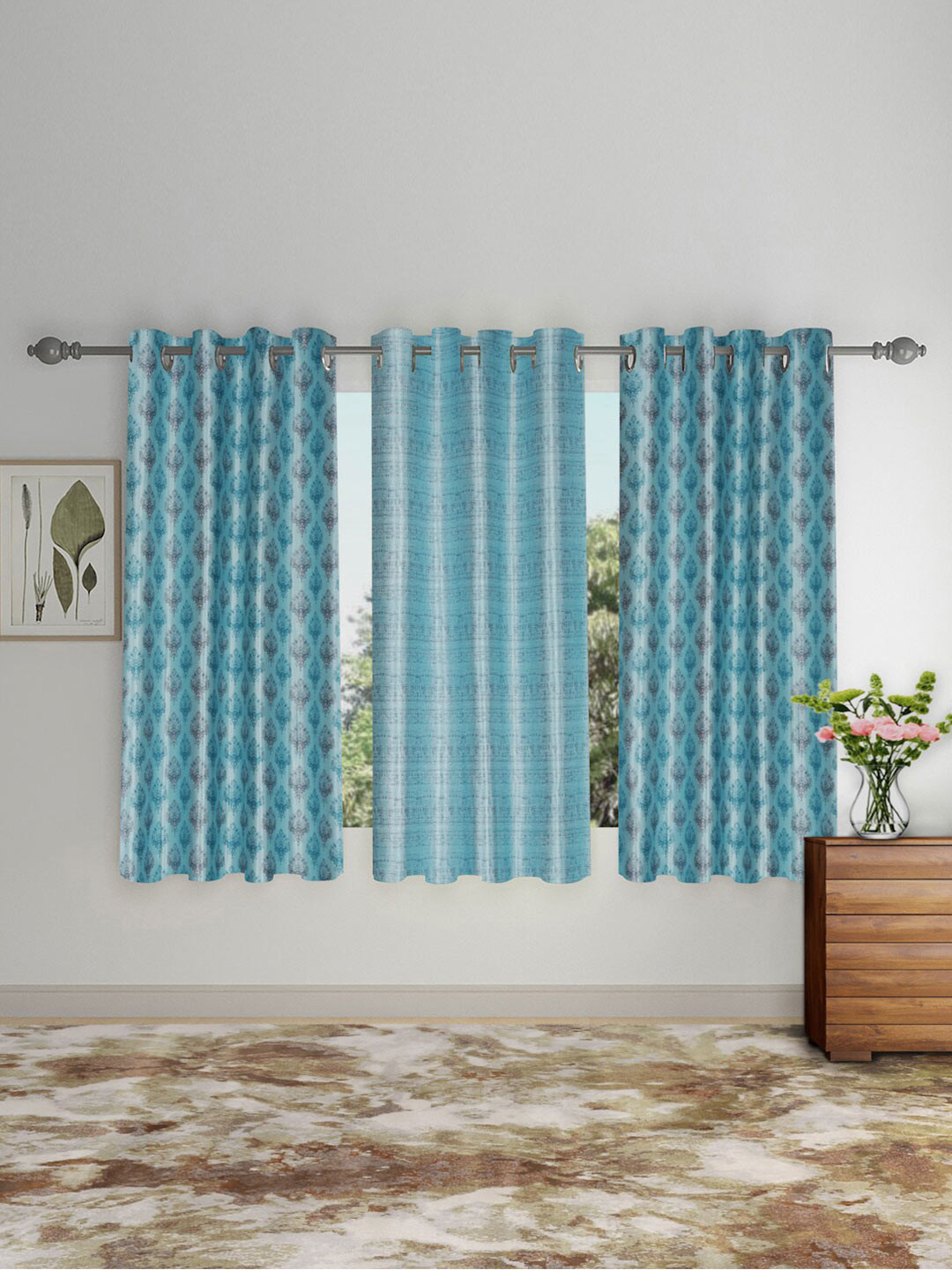 SOKNACK Turquoise Blue & Red 3 Pieces Ethnic Motifs Black Out Window Curtains