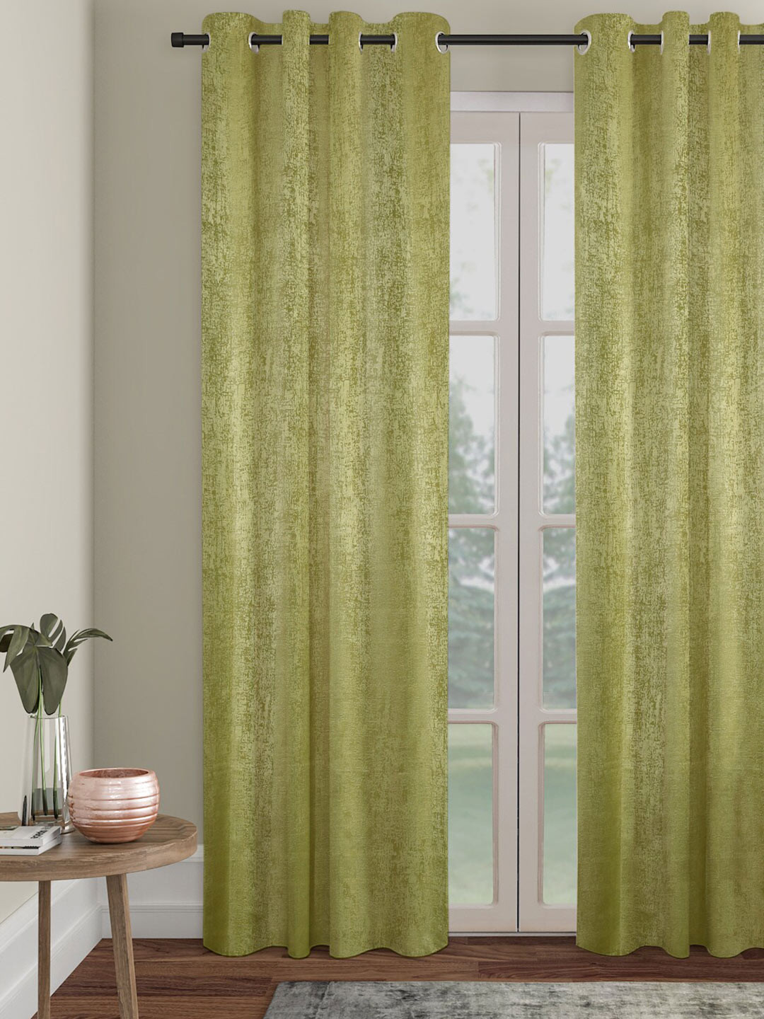 SOKNACK Olive Green Self Design Black Out Door Curtain