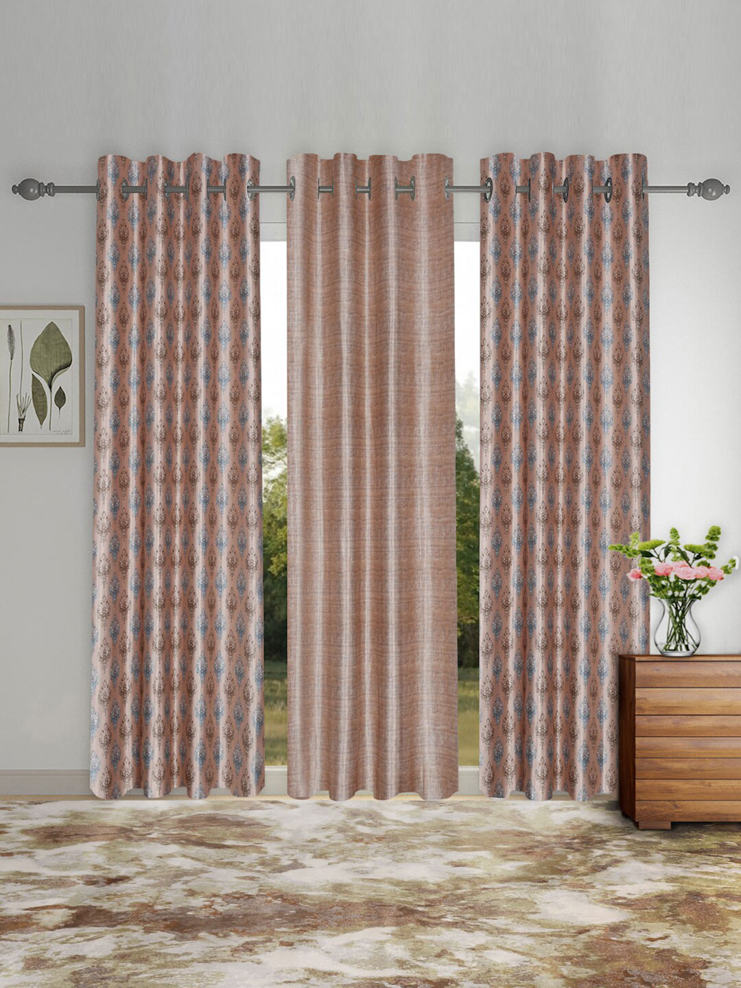 SOKNACK Beige & Grey 3 Pieces Ethnic Motifs Black Out Long Door Curtains