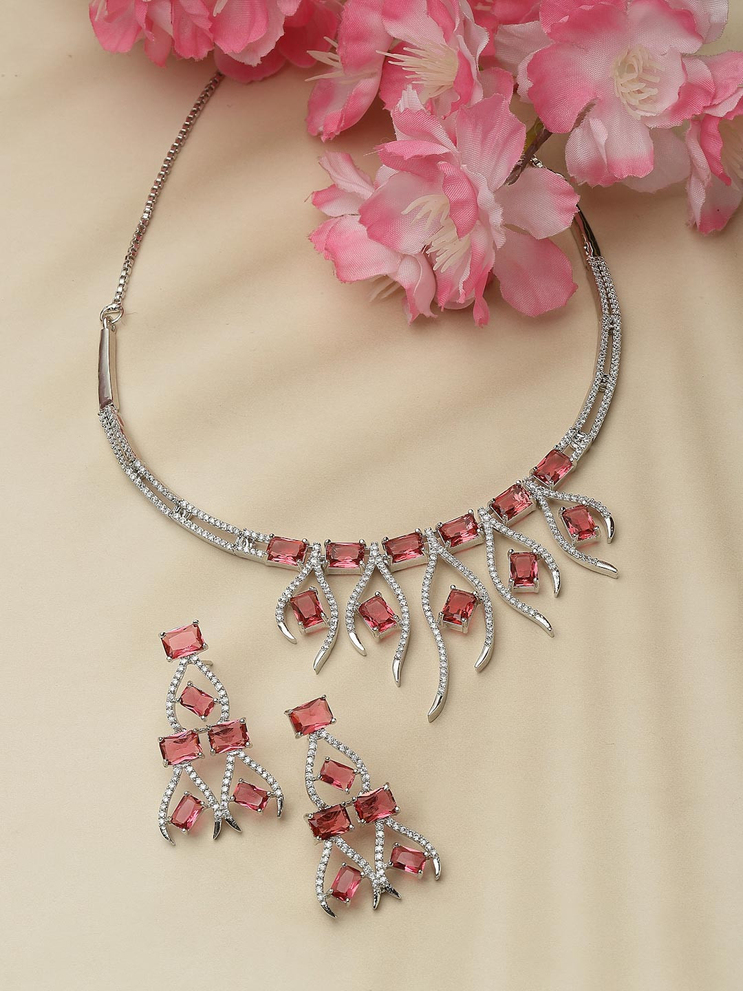 ZENEME Rhodium-Plated Silver Toned Red American Diamond Jewellery Set