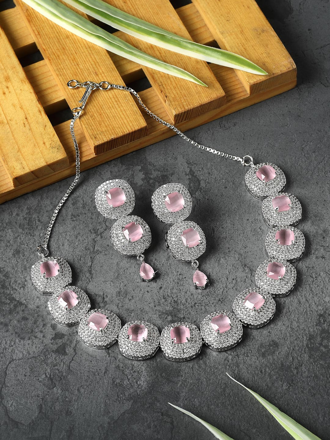 ZENEME Rhodium Plated Silver Toned Pink Square American Diamond Studded Necklace Set