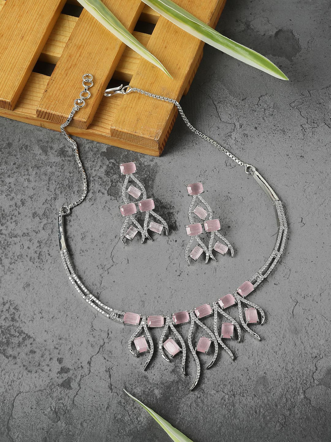ZENEME Rhodium-Plated Silver Toned Pink American Diamond Jewellery Set