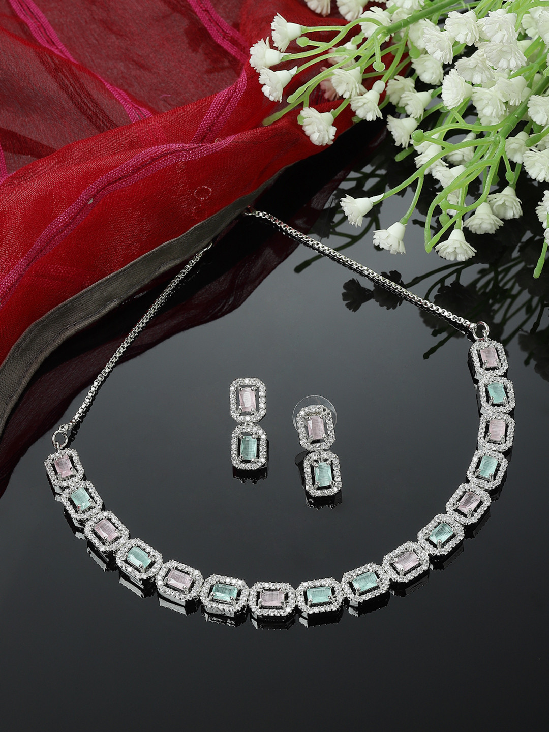 ZENEME Rhodium-Plated Silver Toned Pink & Sea Green American Diamond Studded Jewellery Set
