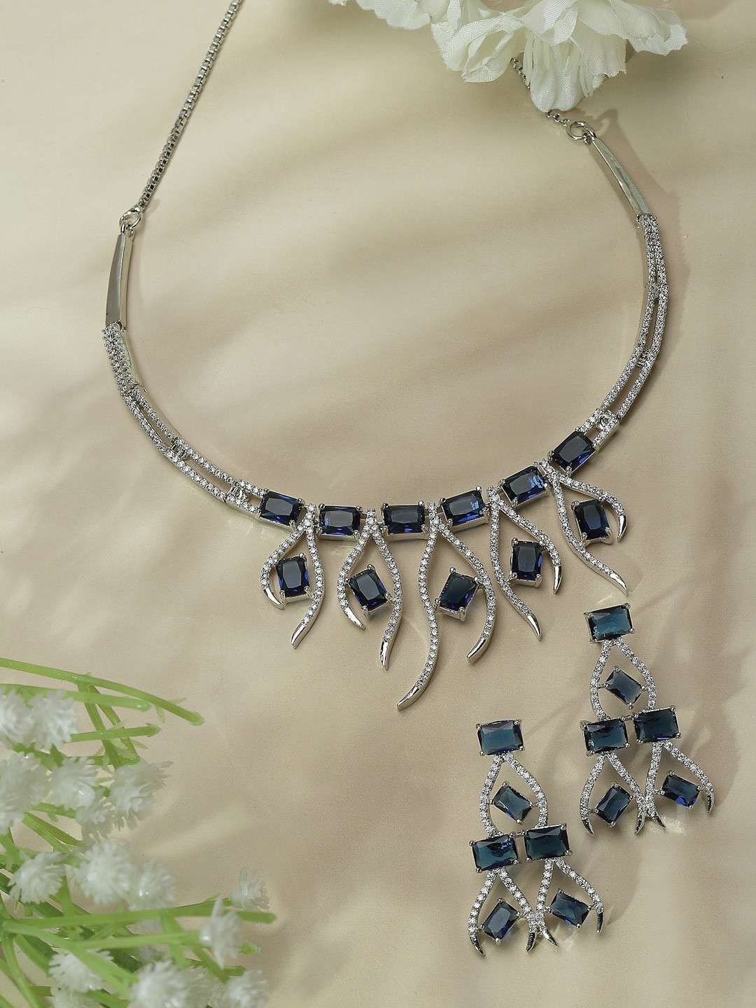 ZENEME Rhodium-Plated Silver Toned Blue American Diamond Jewellery Set