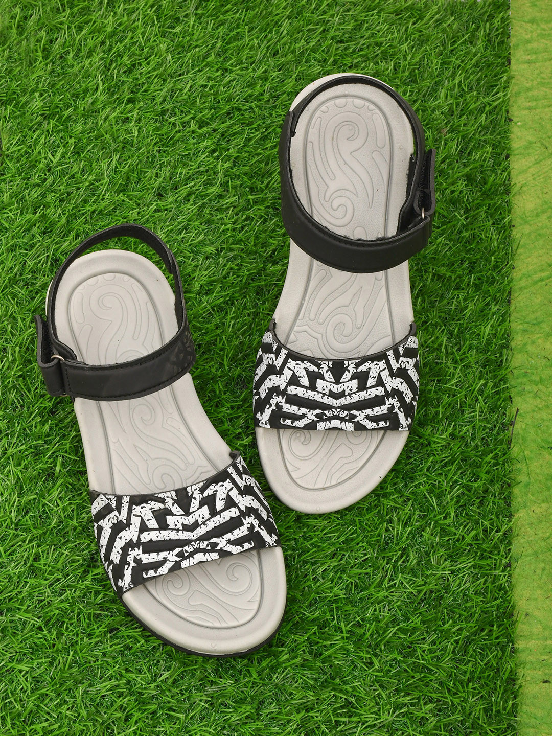 IMPAKTO Textured Open Toe Flats With Velcro Closure