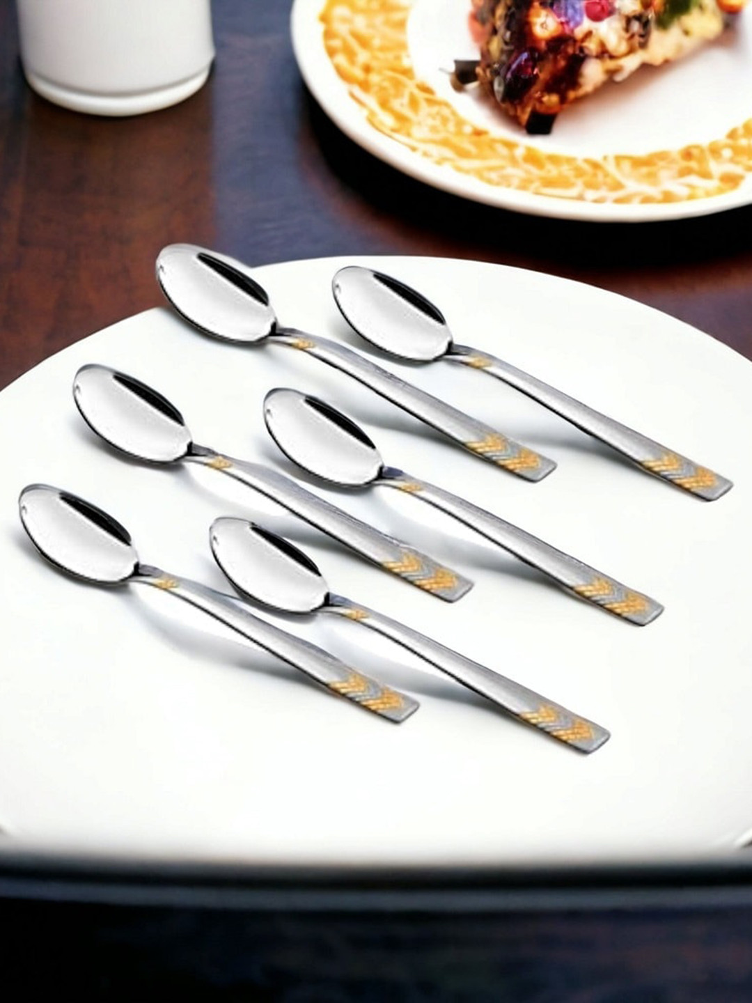 FNS Raga 6-Pcs Silver-Toned 24KT Gold-Plated Stainless Steel Dual-Toned Dessert Spoons