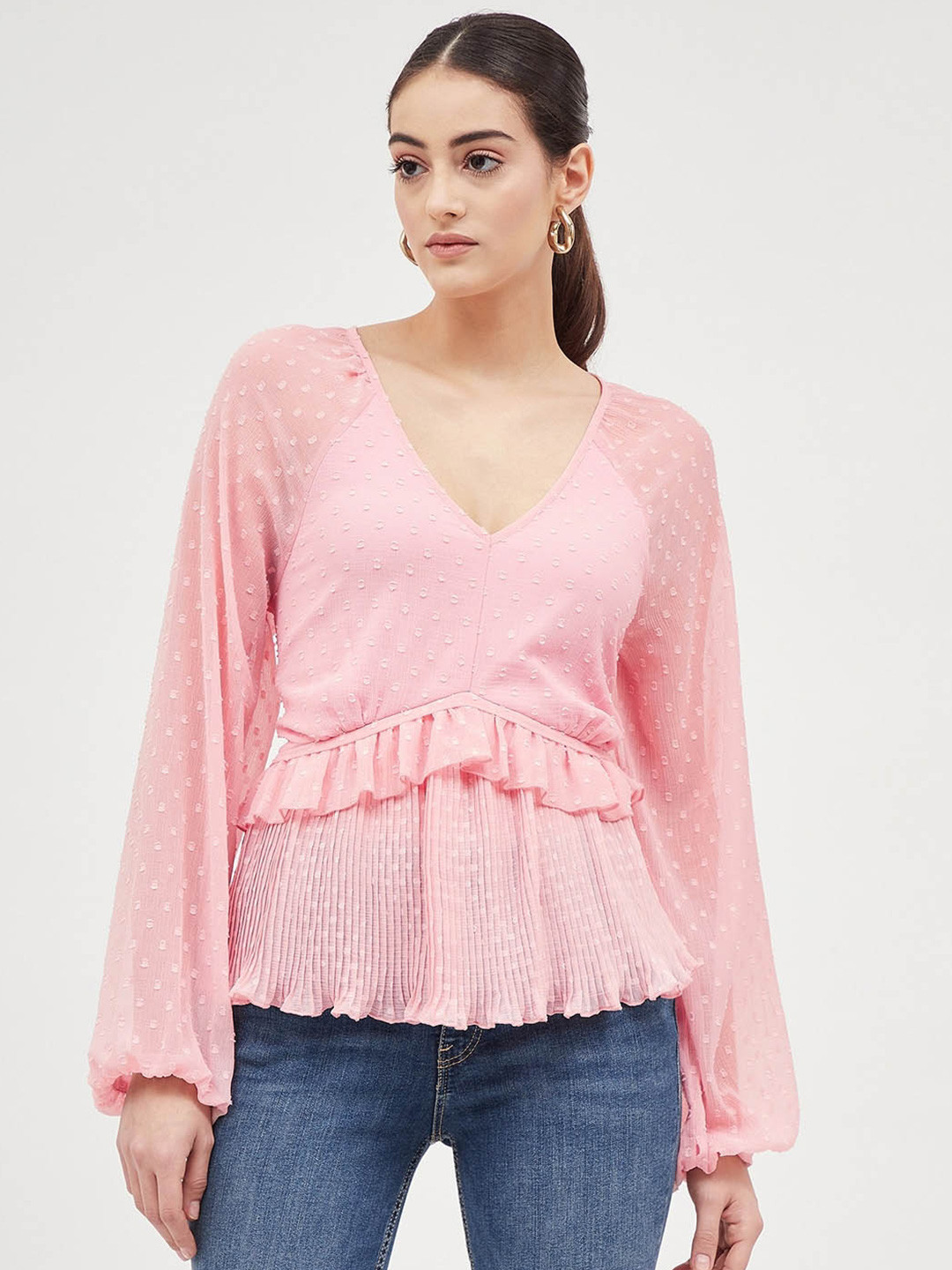 Harpa Self Designed Ruffled V-Neck Cuff Sleeve Chiffon Cinched Waist Top