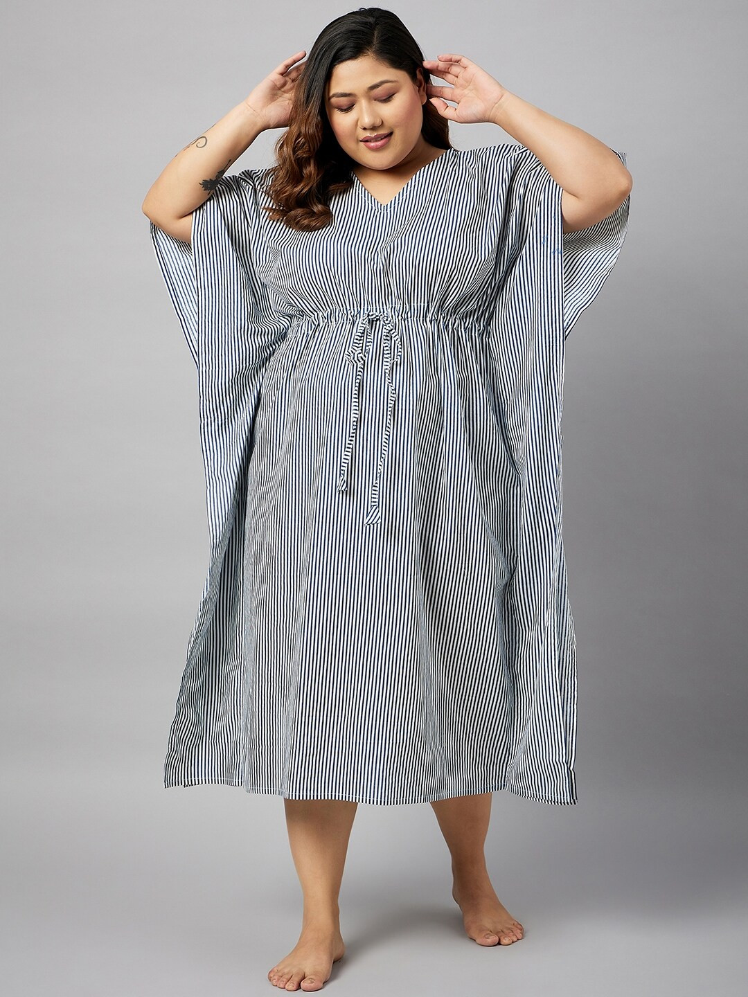 Curves By ZeroKaata Plus Size Striped Pure Cotton Kaftan Nightdress