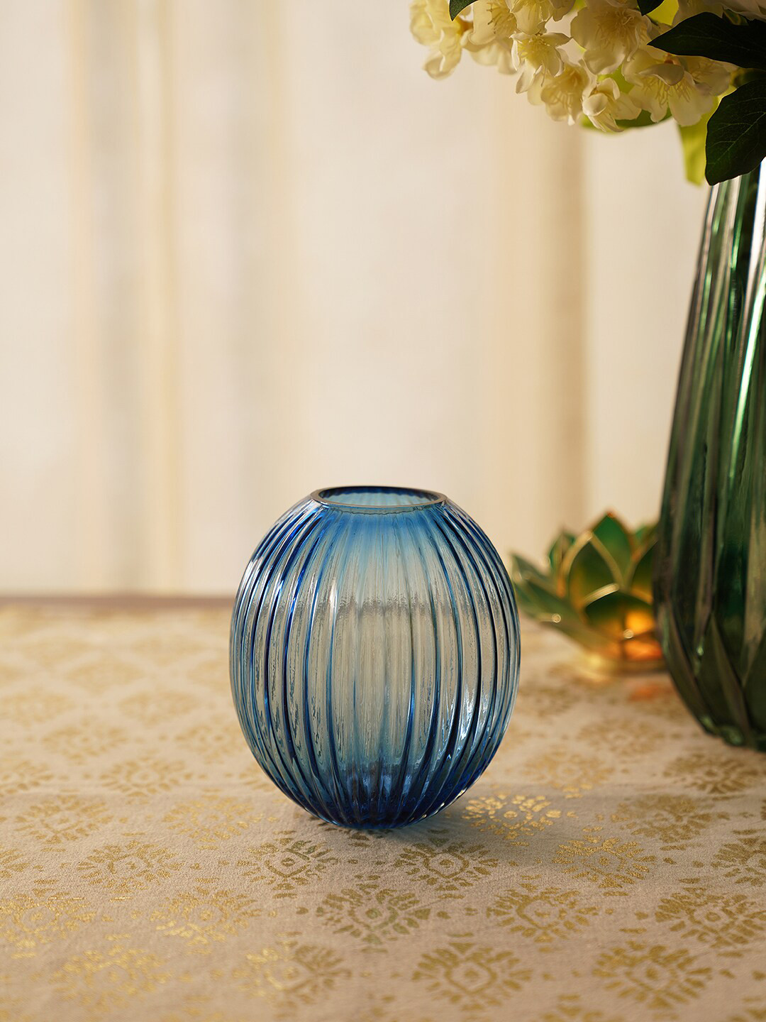 Pure Home and Living Blue Ribbed Round Medium Glass Vase