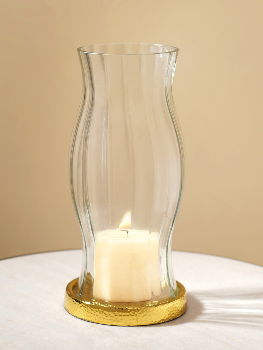 Pure Home and Living Transparent Textured Hurricane With Metal Base Candle Holder