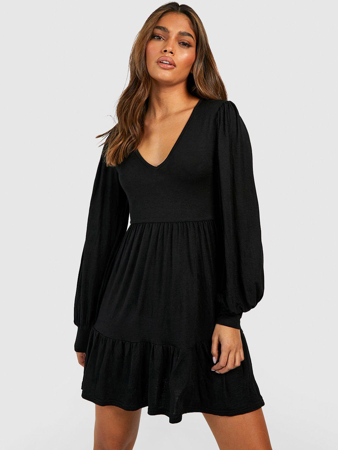 Boohoo Flounce Hem Long Puff Sleeves A-Line Tiered Mini Dress