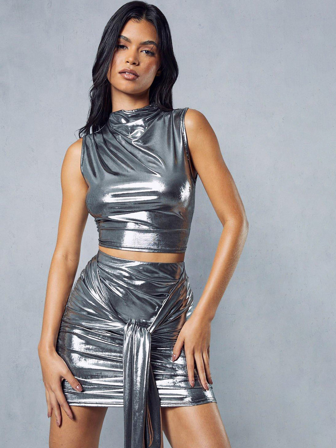MISSPAP Metallic Slinky High Neck Crop Top