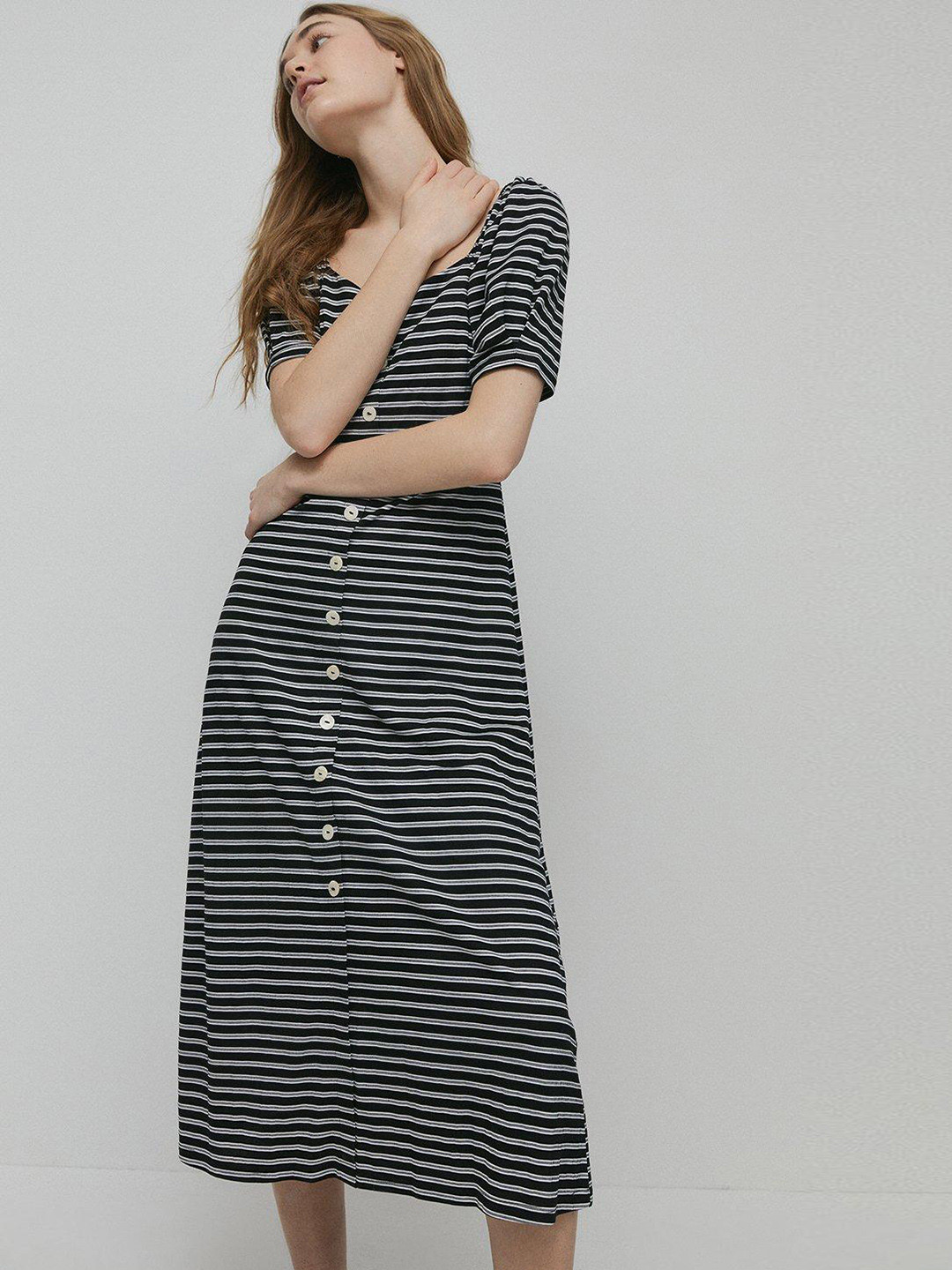 WAREHOUSE Striped A-Line Midi Dress