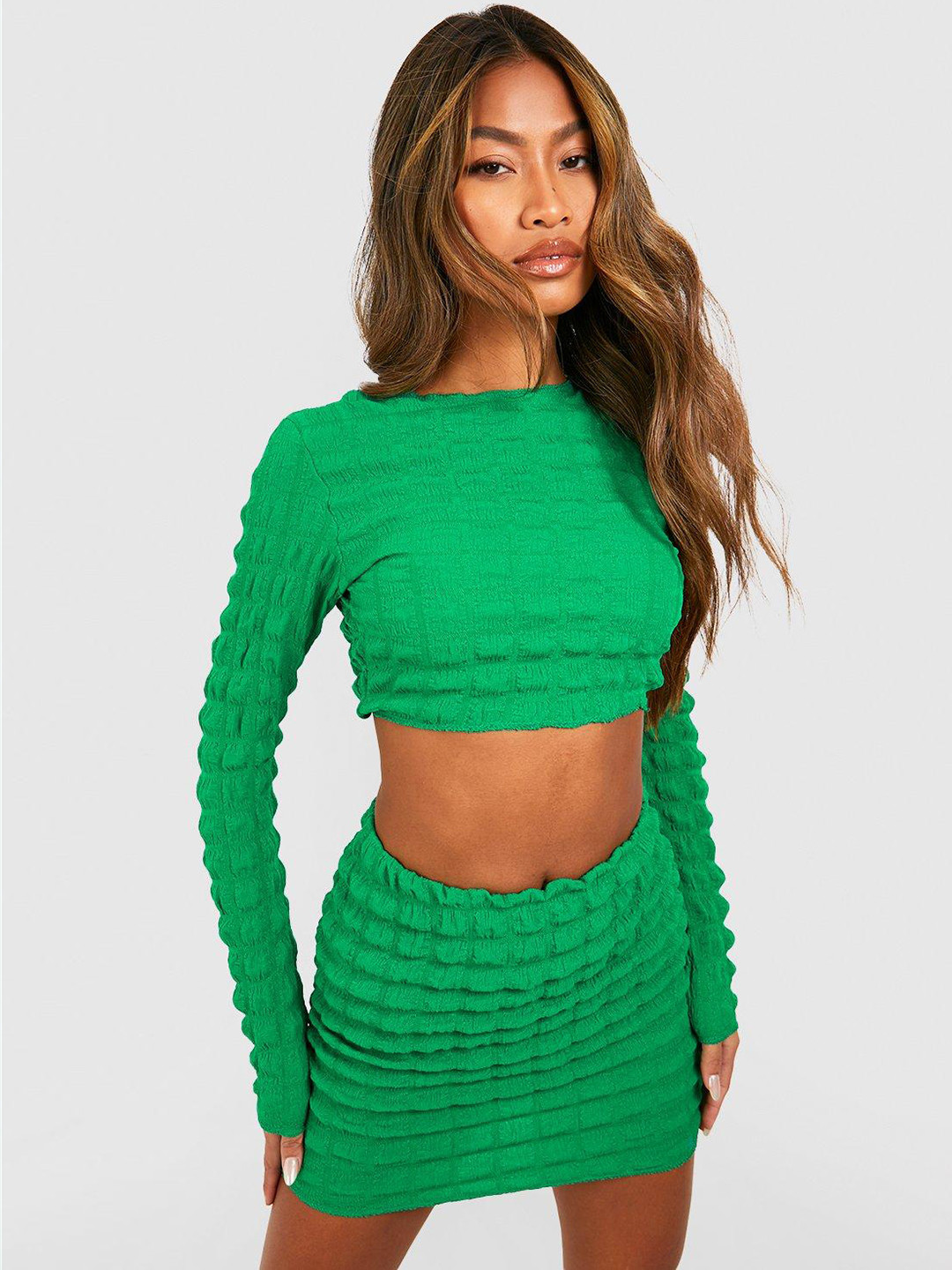 Boohoo Women Bubble Textured Open-Back Crop Co-Ords