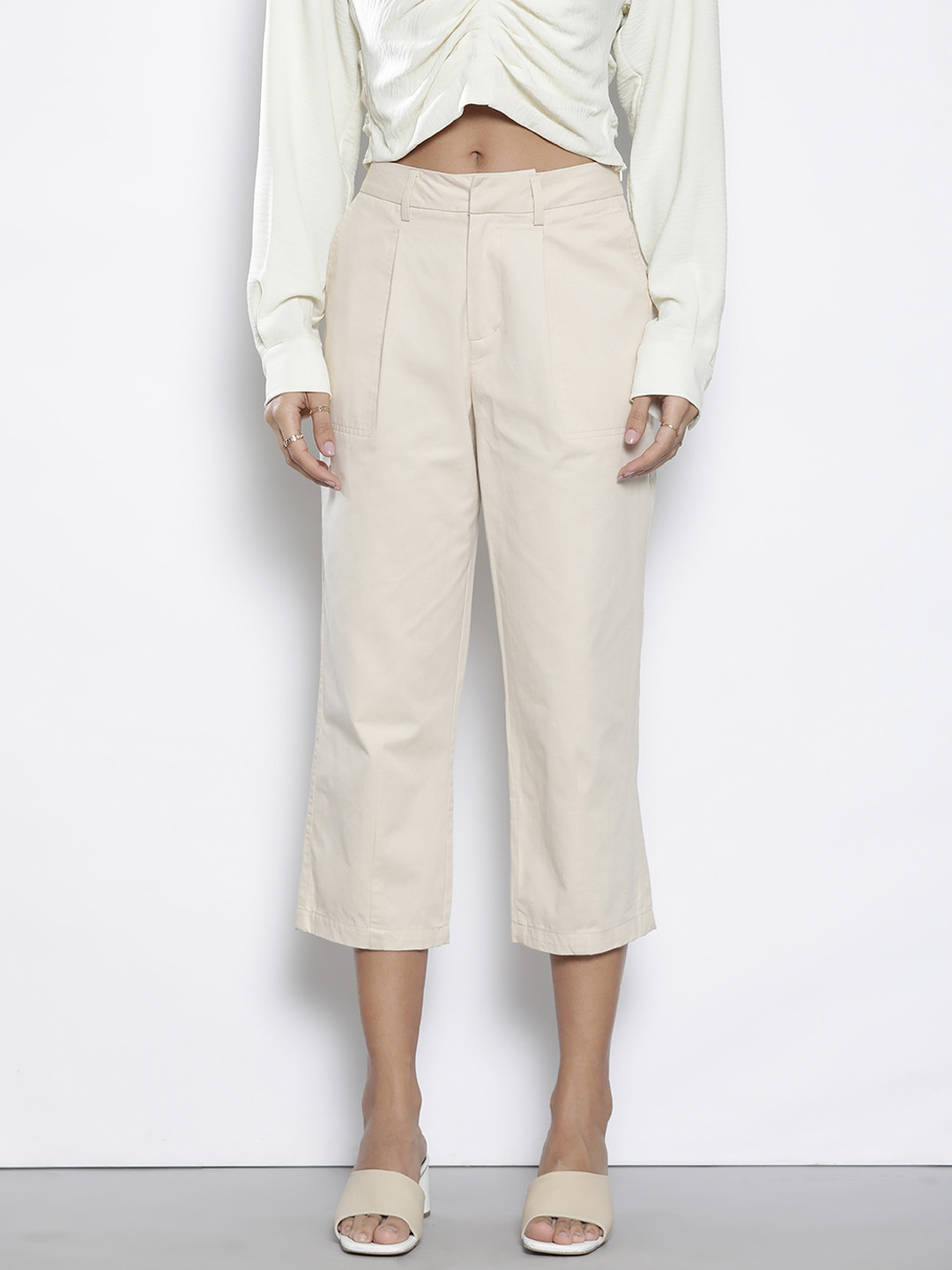 DOROTHY PERKINS Women Petite Pure Cotton Three-Fourth Pleated Trousers