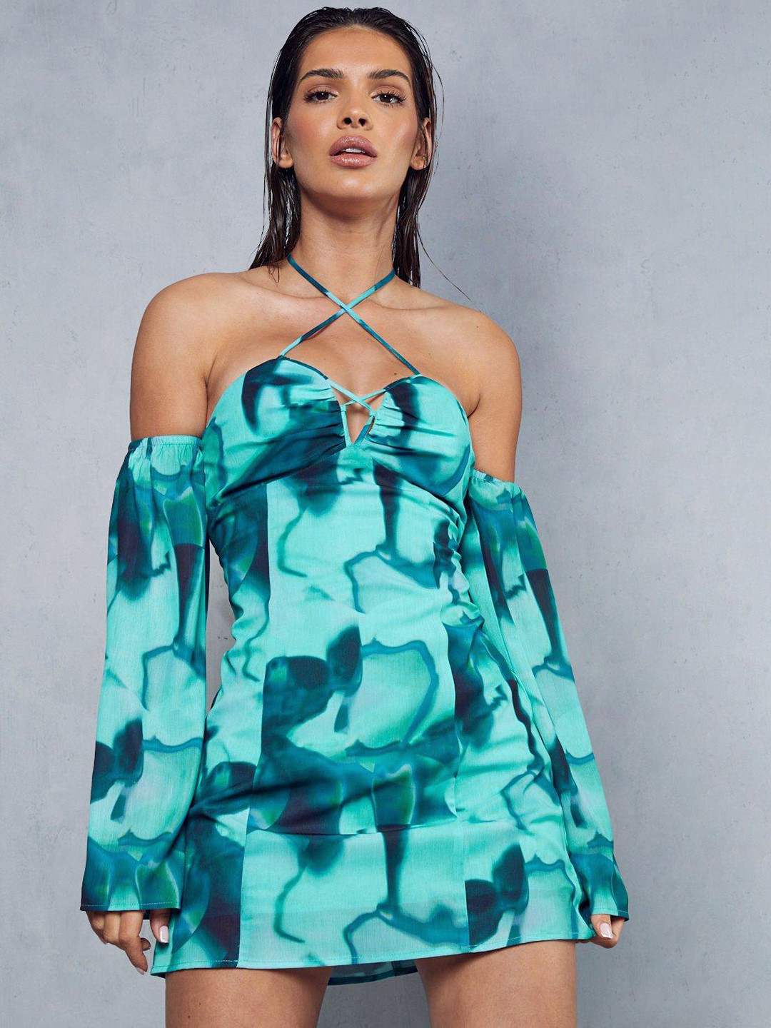 MISSPAP Abstract Printed Halter Neck Off-Shoulder Sleeves Sheath Mini Dress
