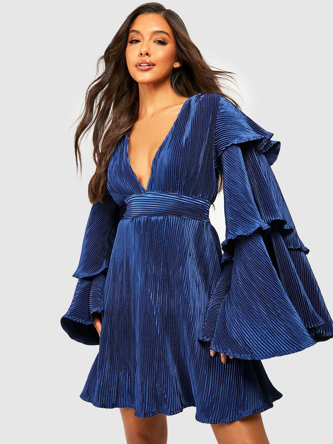 Boohoo Tiered Detail Flared Sleeves Accordion Pleated Mini Dress