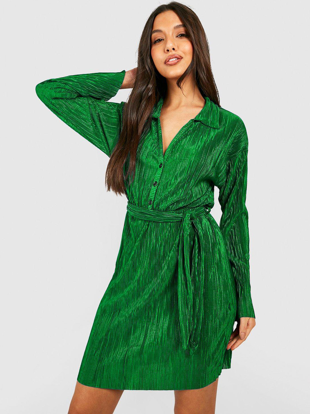 Boohoo Plisse Flared Sleeve Shirt Mini Dress