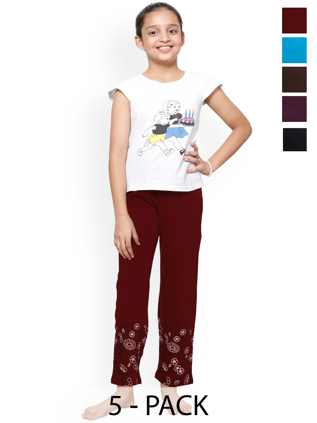 BAESD Girls Pack Of 5 Pure Cotton Bottom Printed Lounge Pants