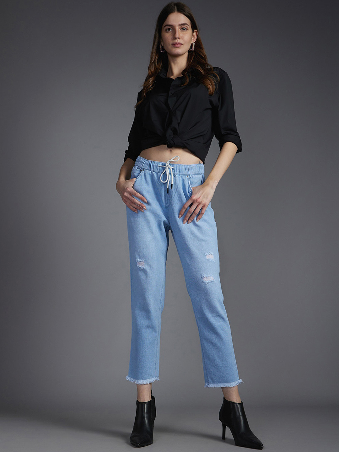 Recap Women Light Fade Mom Fit Loose High-Rise Low Distressed Jeans