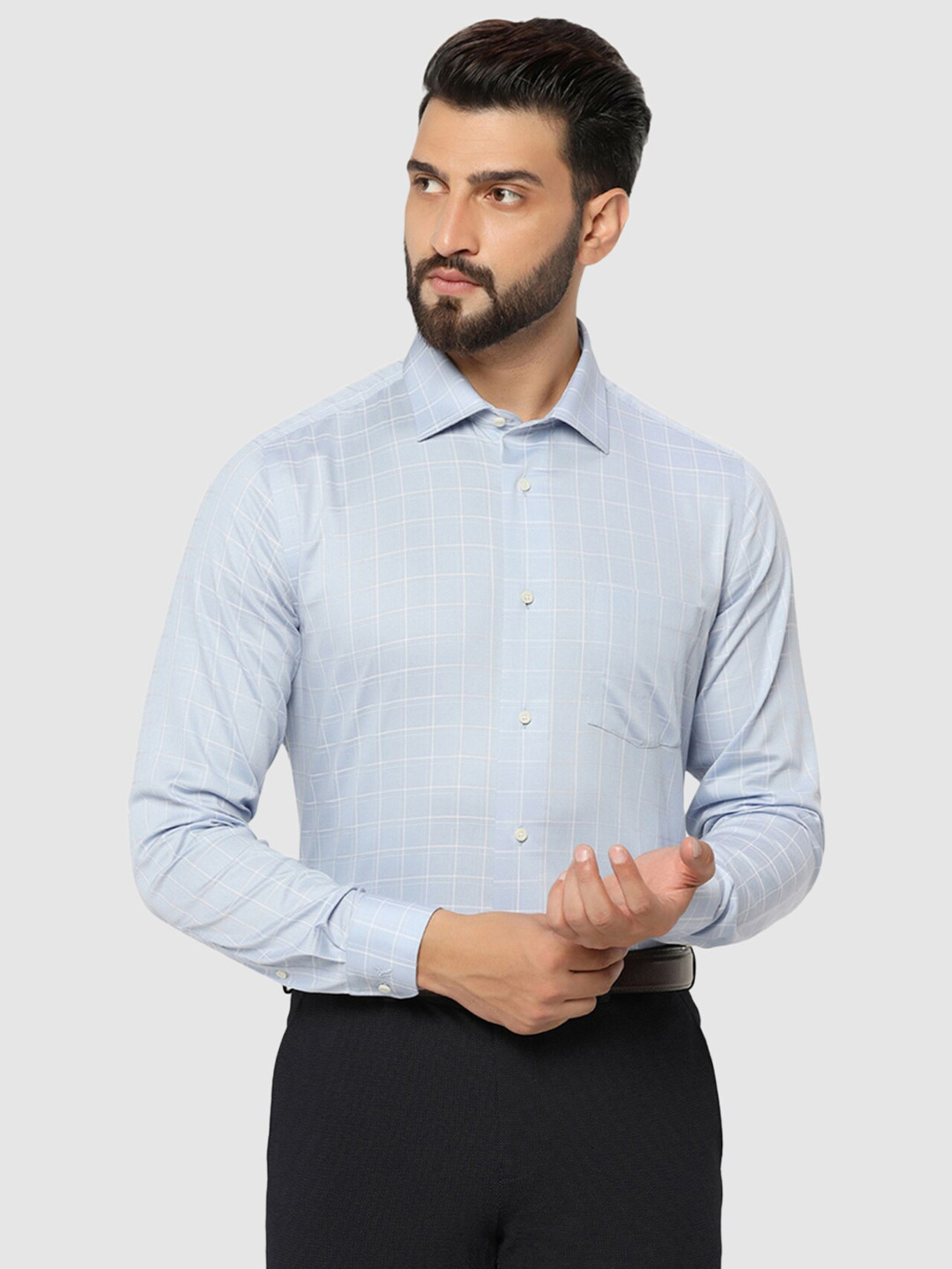 Blackberrys Men'S Blue Check Formal Slim Fit Wrinkle-Resistant Shirt