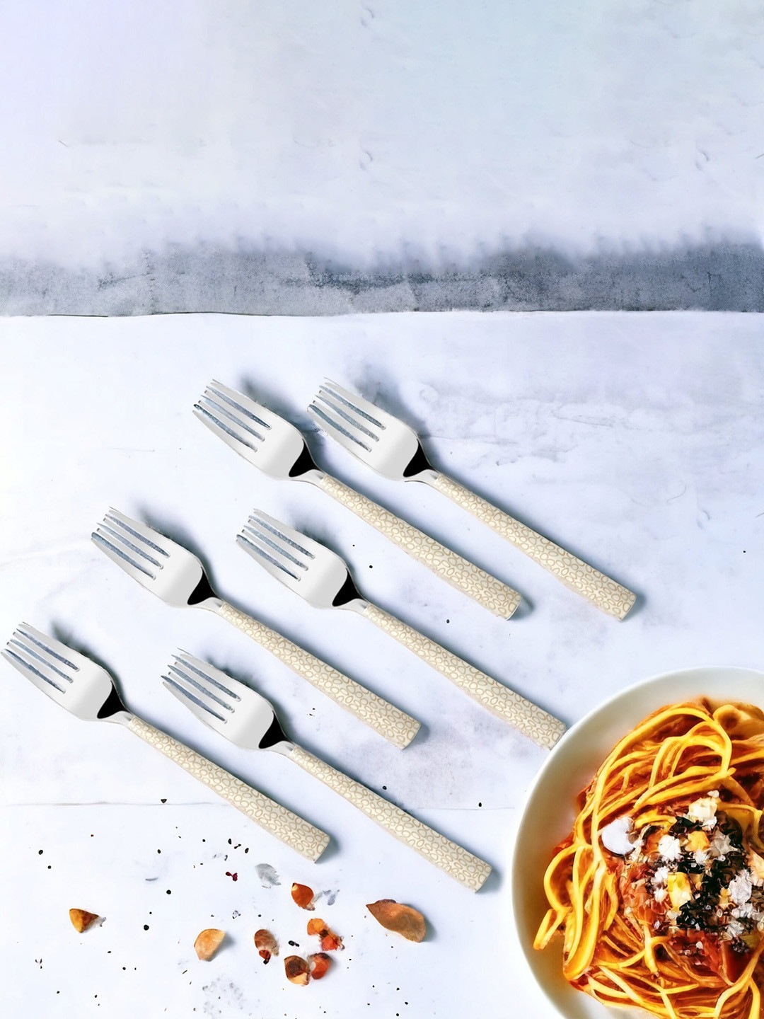 FNS Pebble Cream-Colored 6 Pieces Stainless Steel Table Forks