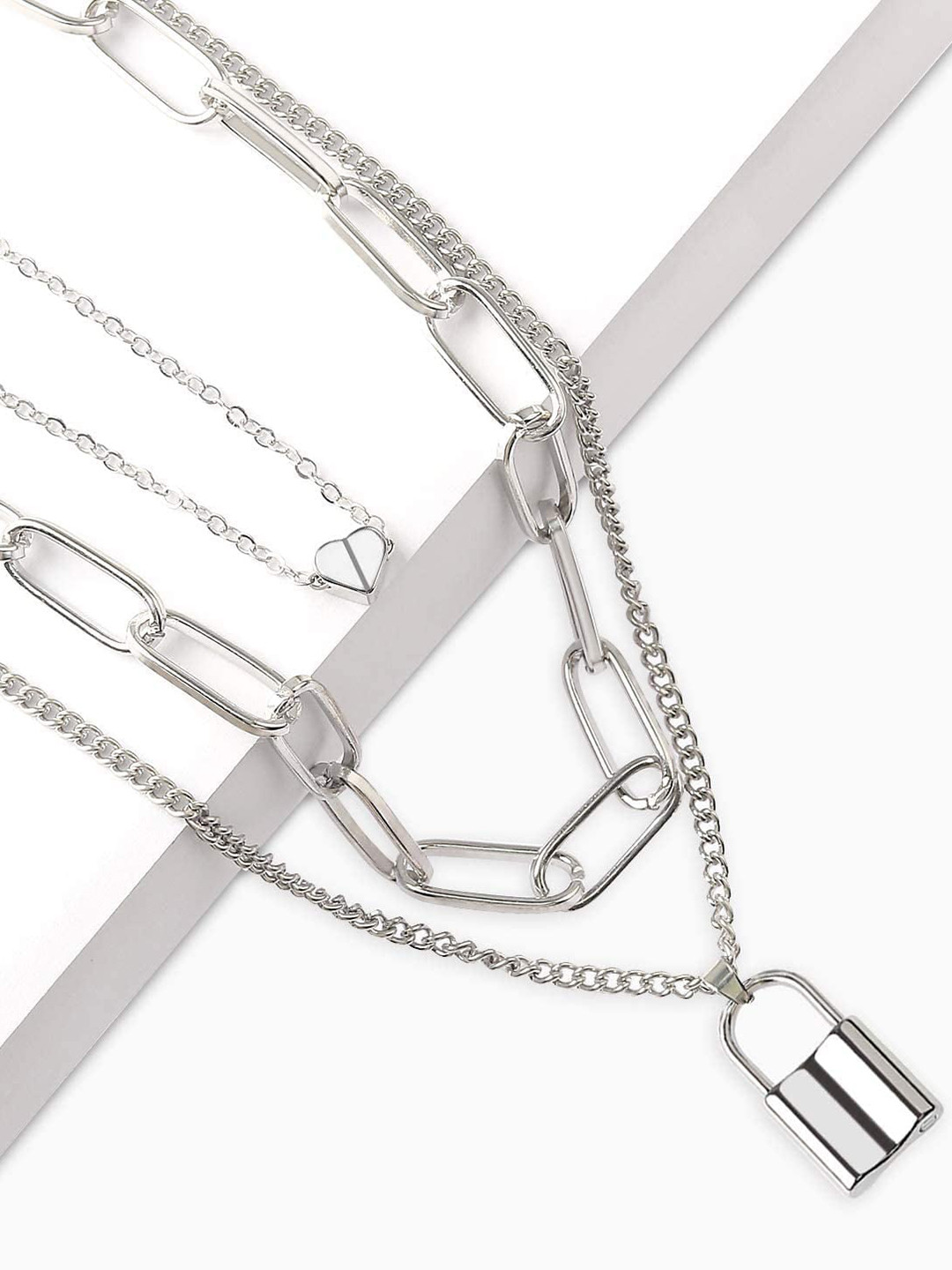 FIMBUL Silver-Plated Layered Lock & Heart Necklace With Chain