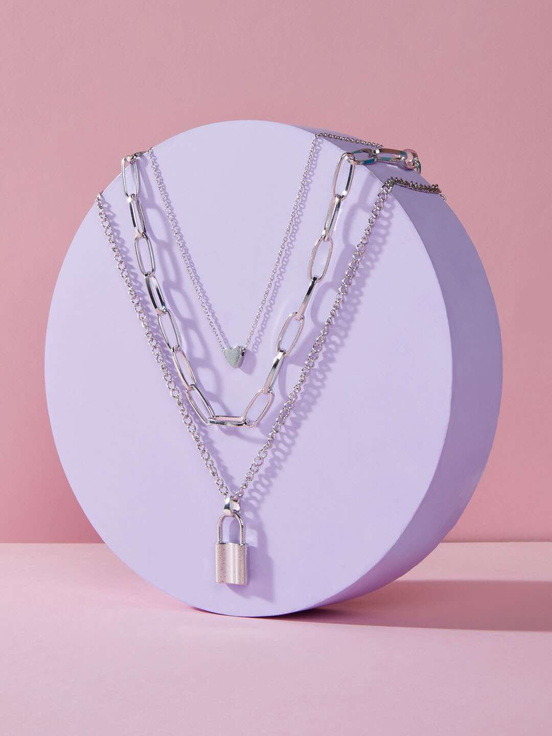 FIMBUL Silver-Plated Sterling Silver Triple Layered Lock & Heart Chain Necklace