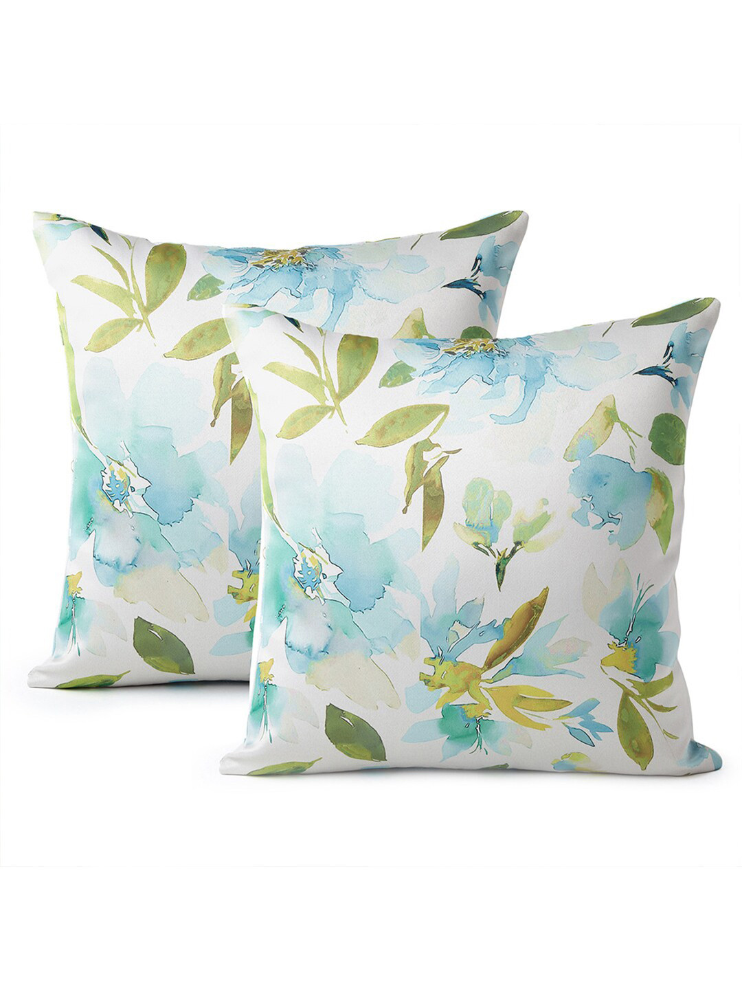 Encasa Homes Aqua Green Leaf Polyester Washable 2 Piece Square Cushion Covers - 16x16In