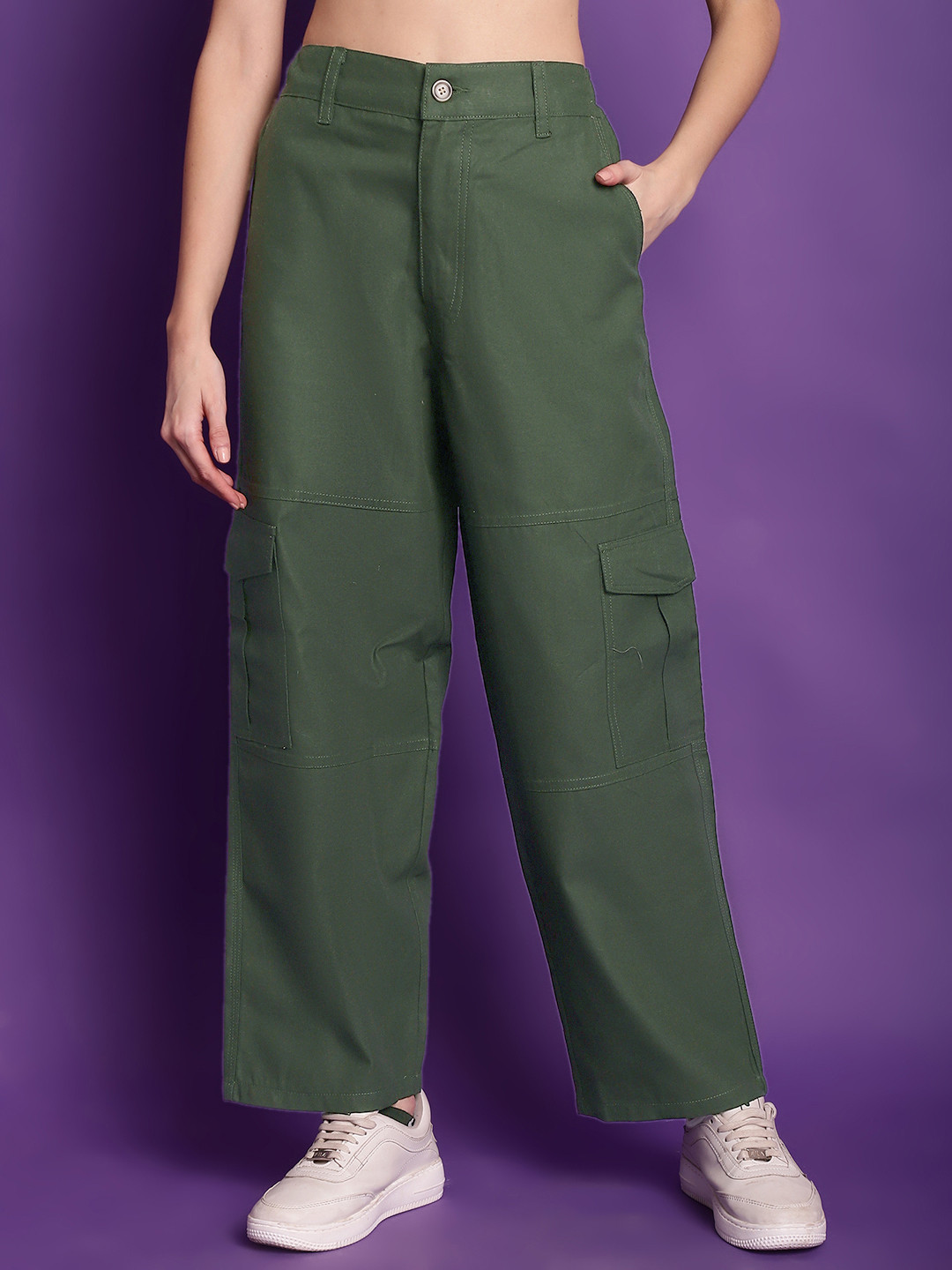 TAG 7 Women Relaxed Straight Leg Straight Fit High Rise Cotton Cargos Trousers