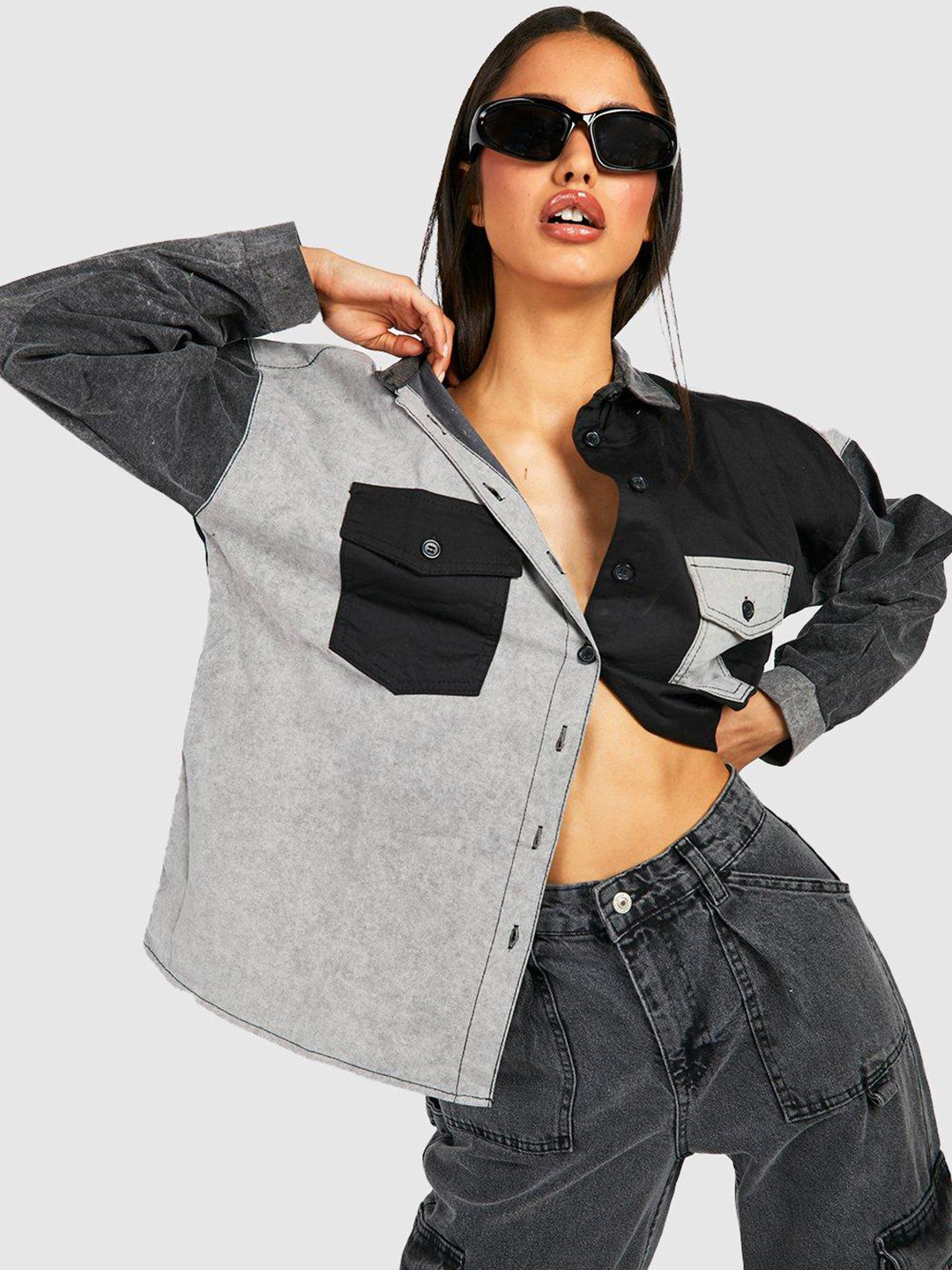 Boohoo Pure Cotton Colourblocked Denim Oversized Shirt