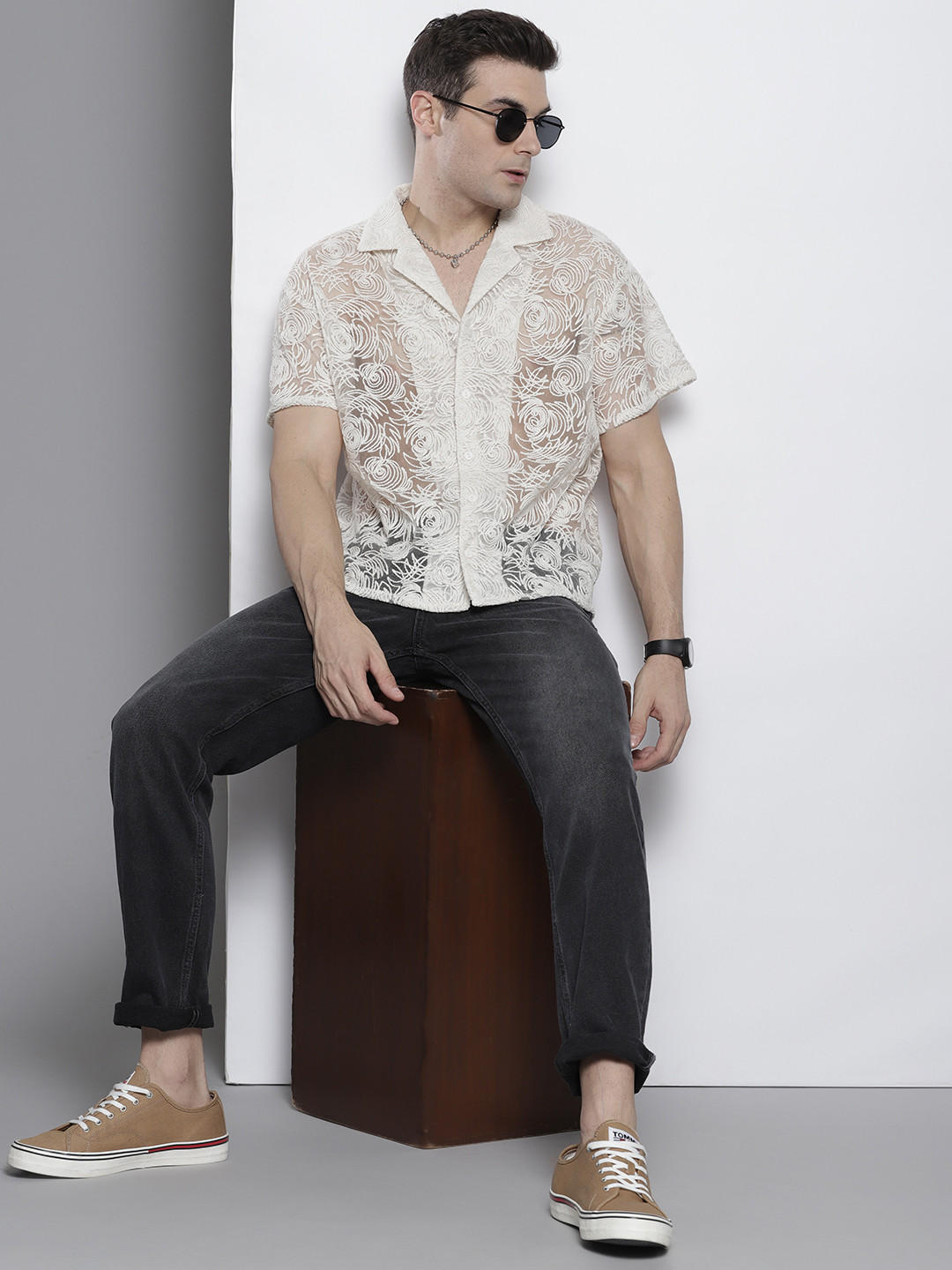 boohooMAN Texture Boxy Sheer Net Casual Shirt