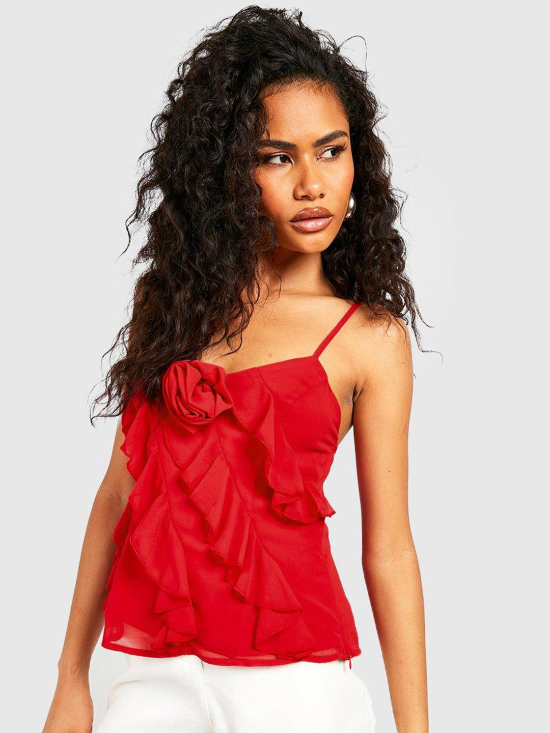 Boohoo Corsage Detail Ruffled Chiffon Top