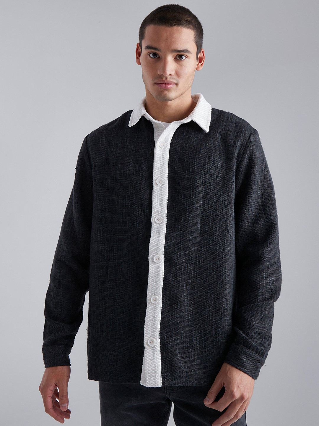 boohooMAN Contrast Placket Textured Shacket