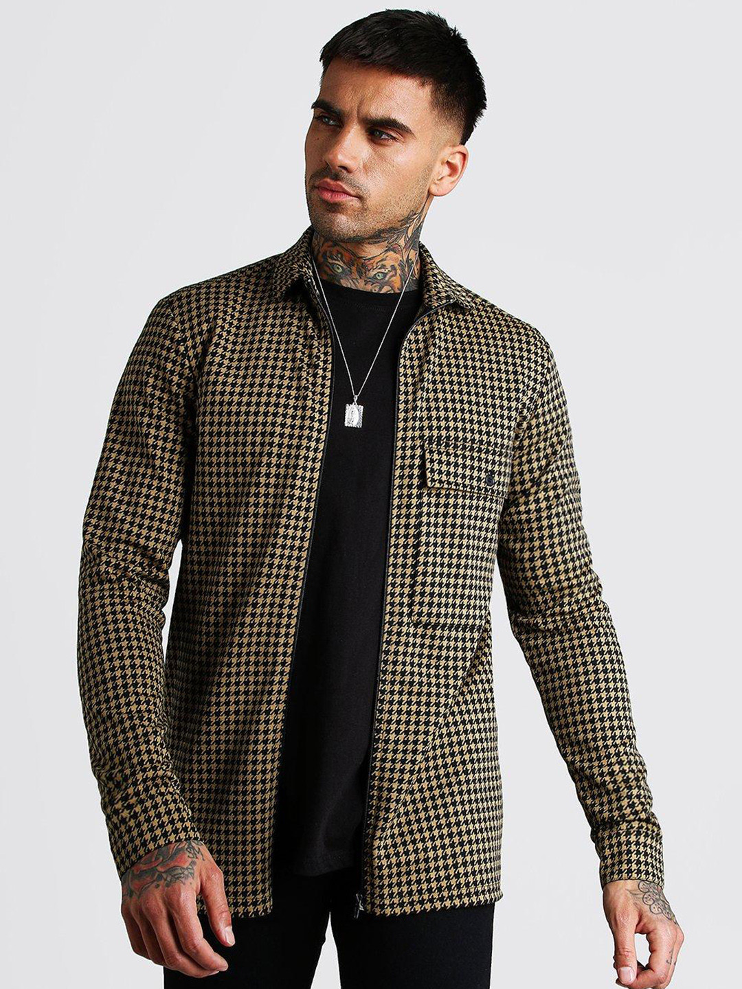boohooMAN Houndstooth Pattern Casual Shirt