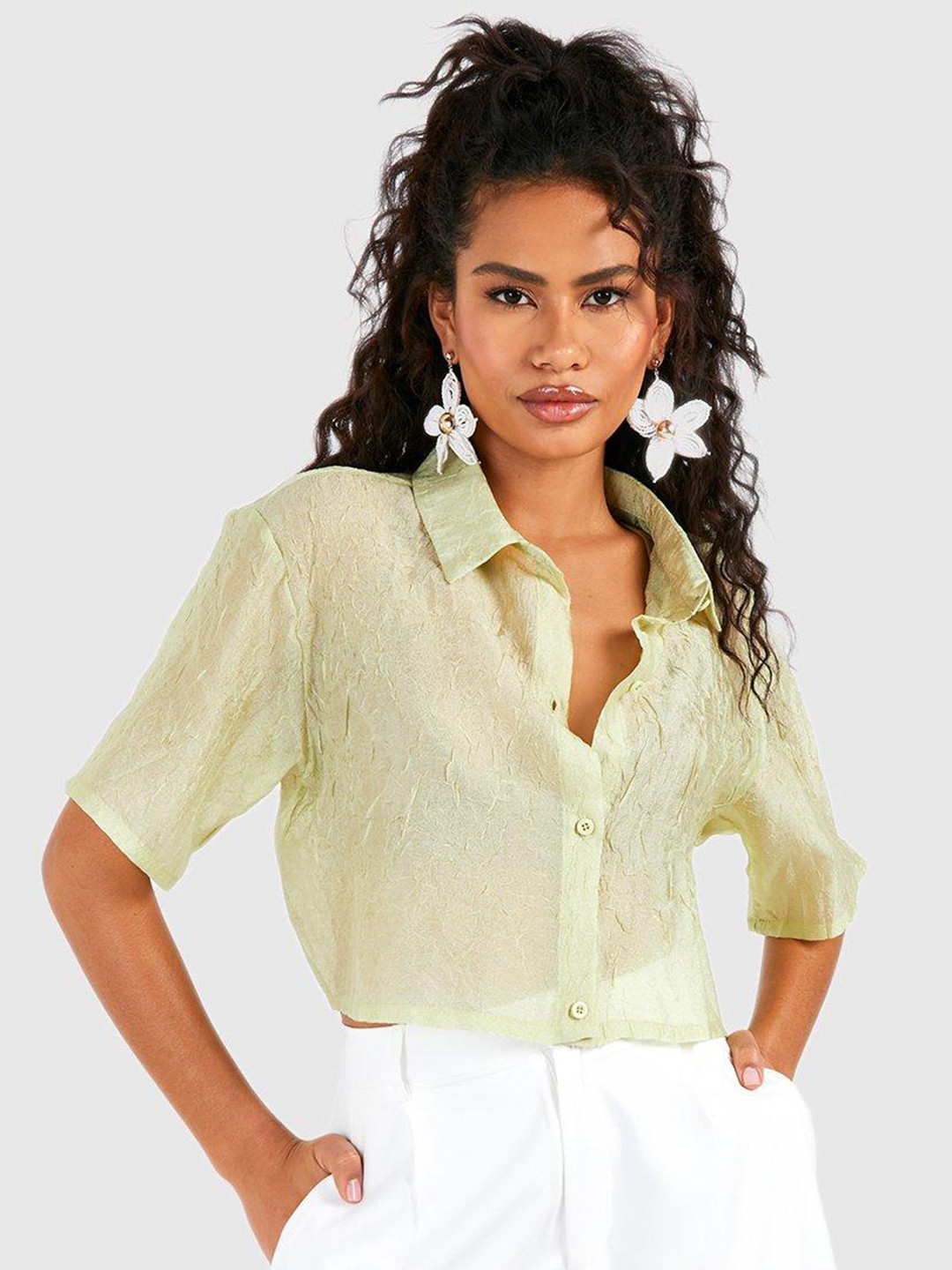 Boohoo Pure Cotton Crinkle Effect Boxy Sheer Casual Shirt
