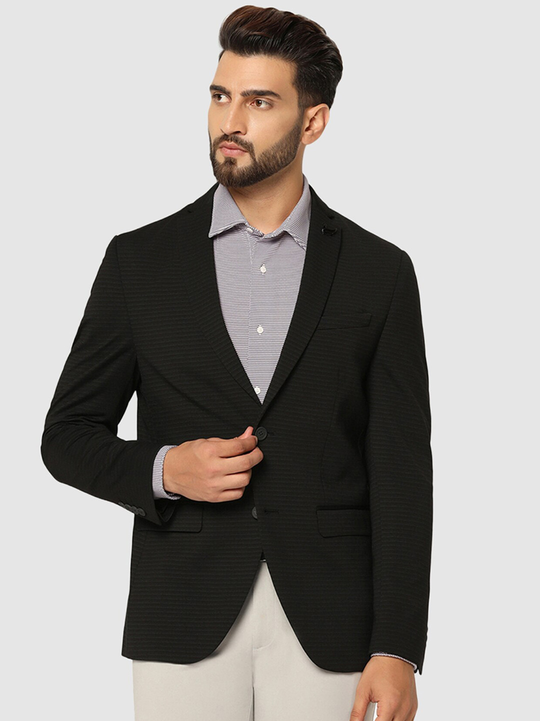 Blackberrys Men Formal Black Striped TechPro Blazer