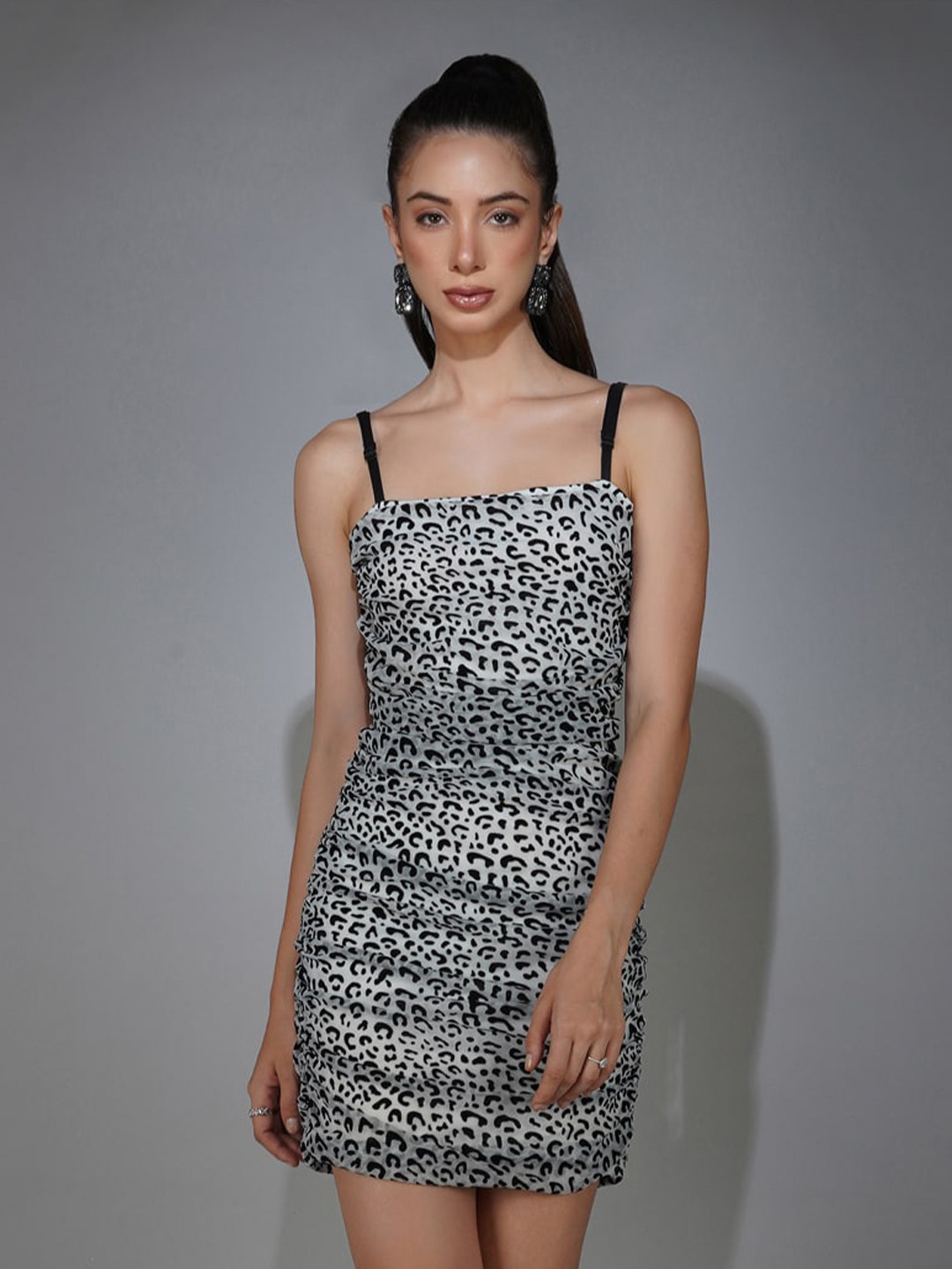 DELAN Animal Printed Shoulder Strap Sleeveless Gathered Net Sheath Mini Dress