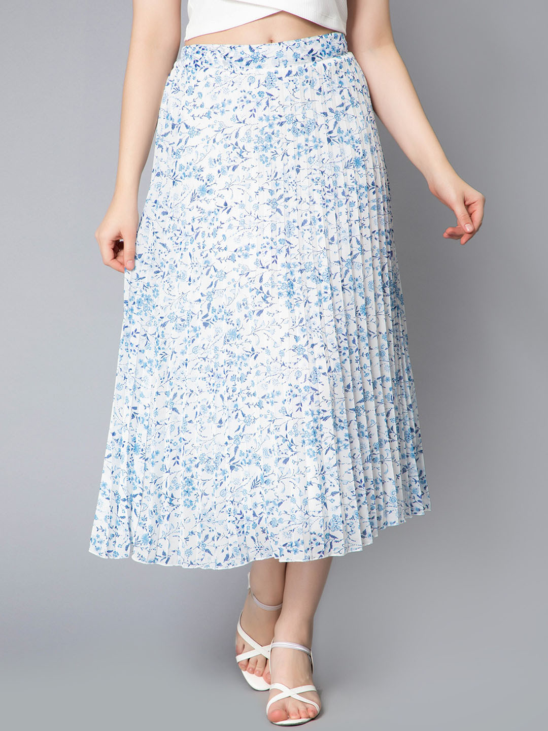 NUEVOSDAMAS Floral Printed Accordion Pleats Georgette A-Line Midi Skirt