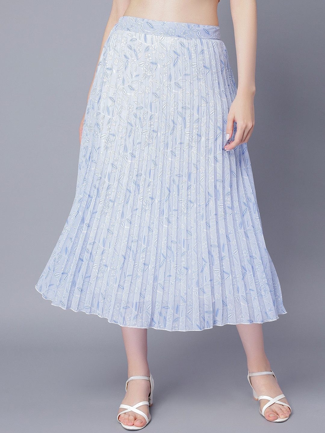 NUEVOSDAMAS Floral Printed Accordion Pleats Georgette A-Line Midi Skirt