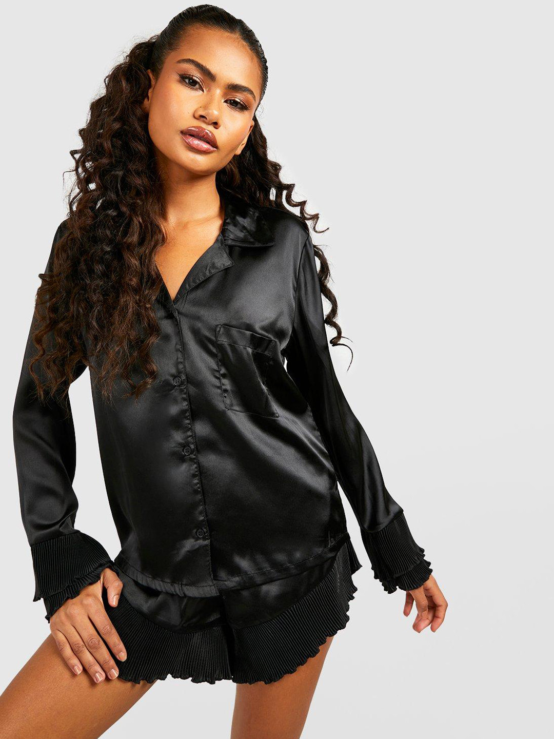 Boohoo Women Frill Detailed Satin Finish Shirt with Shorts