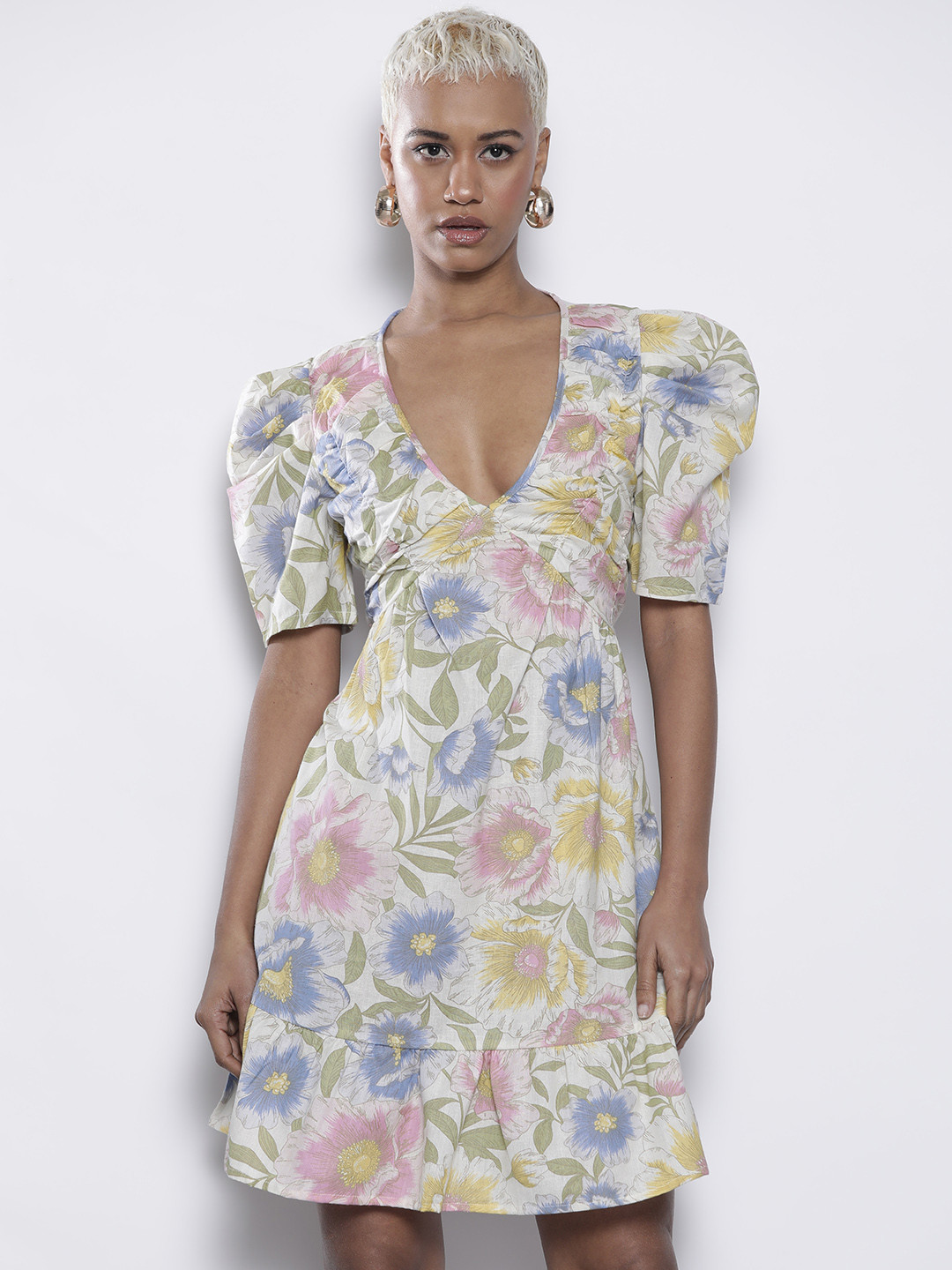 DOROTHY PERKINS Cotton Linen Floral Print Fit & Flare Ruched Tie Back Mini Dress