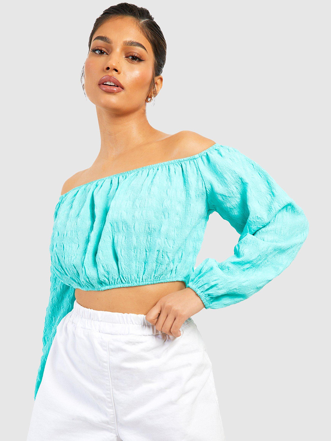 Boohoo Seersucker Off-Shoulder Bardot Crop Top