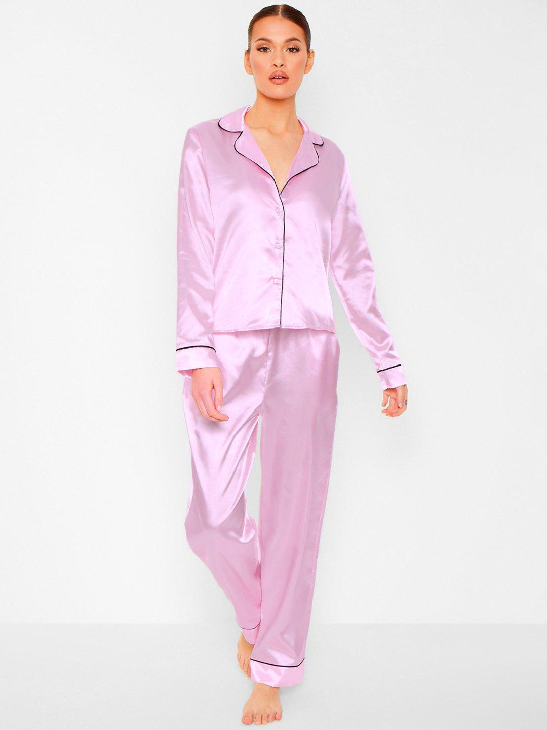 Boohoo Contrast Piping Satin Finish Shirt with Pyjama
