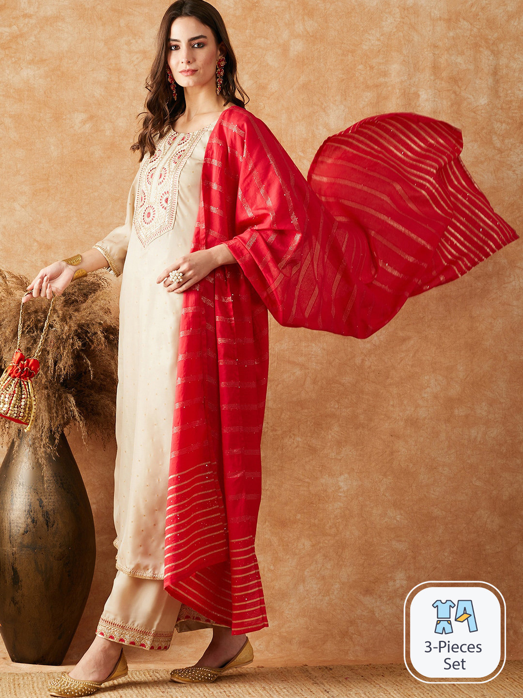 Sangria Cream Ethnic Motifs Embroidered Kurta With Palazzo & Dupatta