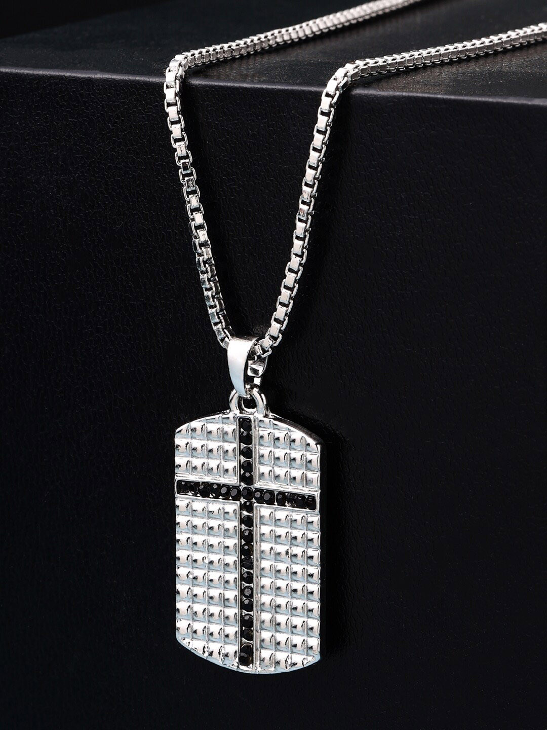 VIRAASI Rhodium-Plated Dog Tag Cross Pendant Chain