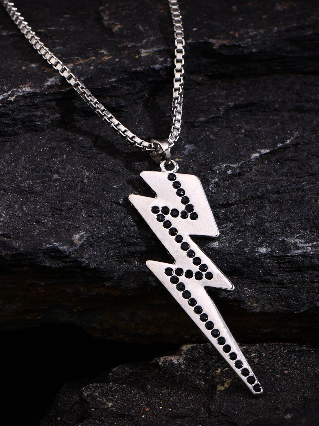 VIRAASI Silver-Plated Flash Pendant Black Stone Studded