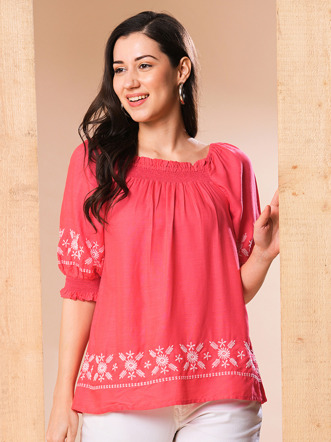 Globus Square Neck Embroidered Fusion Tunic