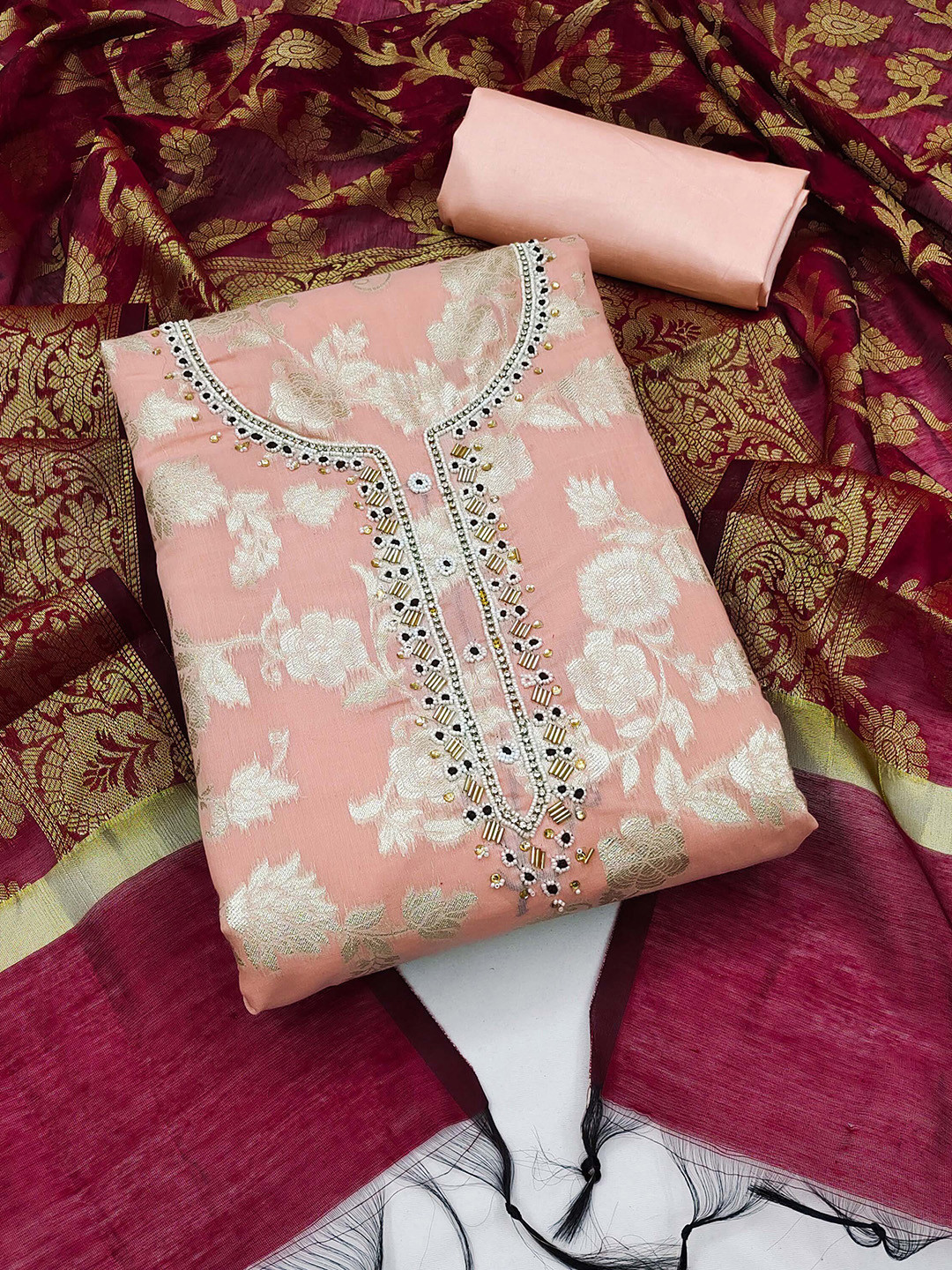 KALINI Floral Woven Design Beads and Stones Unstitched Dress Material